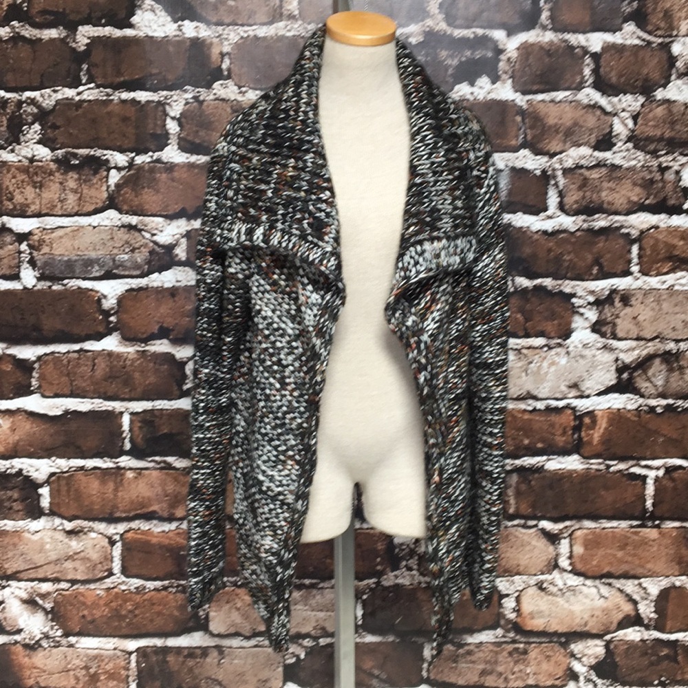 Woven Heart Sweater Top L Large Knit Cardigan Black White Brown Open Front